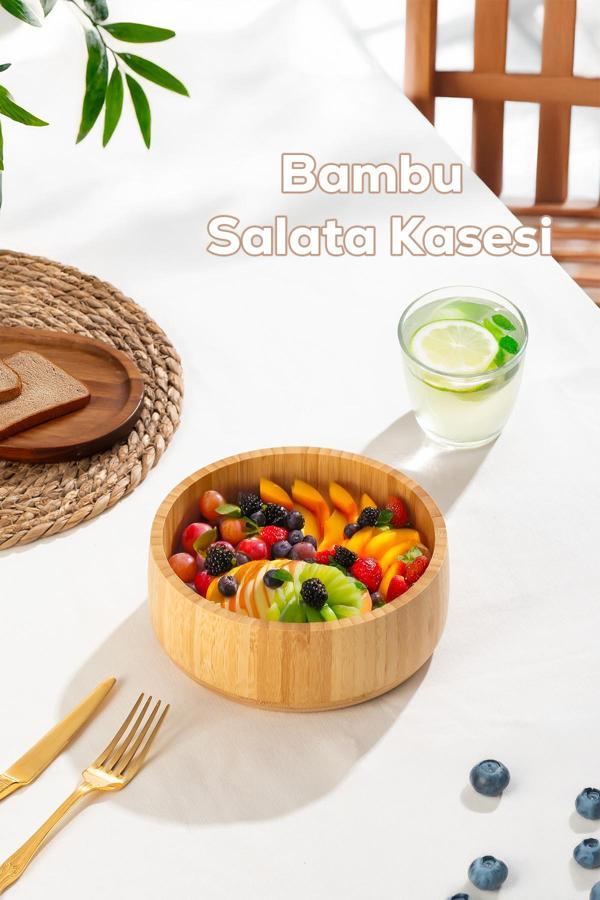 Porsima 2074 Orta Boy Doğal Bambu Salata Kasesi 18cm - Image 1