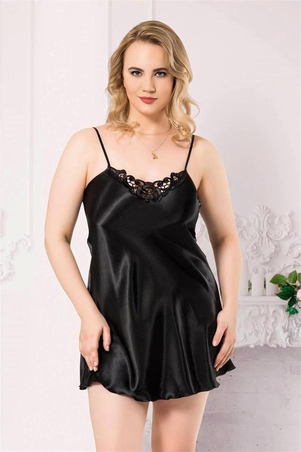 Miss Büyük Beden Siyah Kısa Saten Gecelik - Image 1