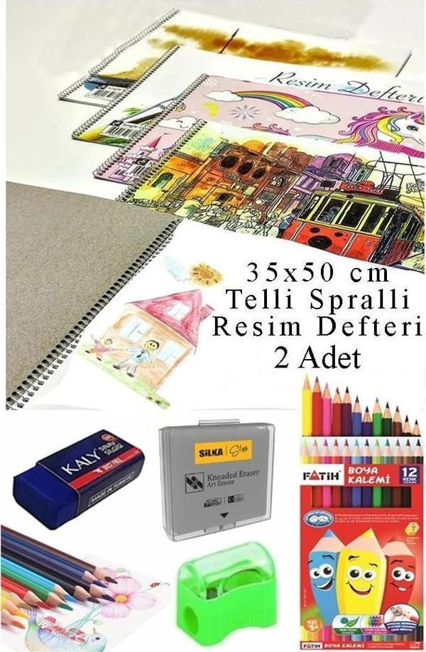 12 Renk Fatih Kuru Boya 35x50 cm Telli Spralli Resim Defteri Hamur Silgi Kalemtraş 15 Yaprak Resim Defteri Kuruboya - Image 1