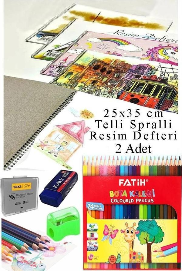24 Renk Fatih Kuru Boya 25x35 cm Telli Spralli Resim Defteri Hamur Silgi Kalemtraş 15 Yaprak Resim Defteri Kuruboya - Image 1