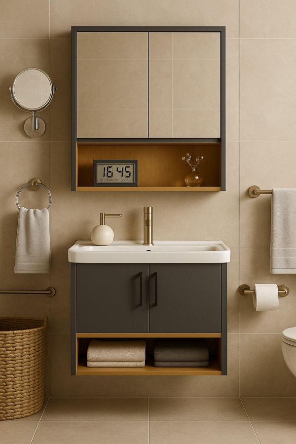 Tasarım Legna 80 Cm Antrasit & Ahşap Banyo Dolabı Takımı – Alt Ve Üst Dolap (Lavabo Dahil) - Image 1