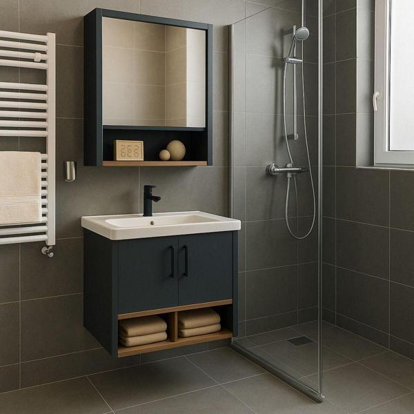 Tasarım Legna 65 Cm Banyo Dolabı Takımı – Antrasit & Ahşap – Mdf – Seramik Lavabolu – Alt Ve Üst Dolaplı - Image 1