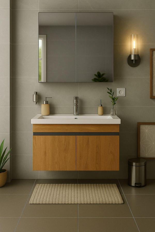 Tasarım Arista 80 Cm Ahşap Mdf Seramik Lavabolu Banyo Dolabı Takımı – Alt & Üst Dolaplı, Aynalı - Image 1