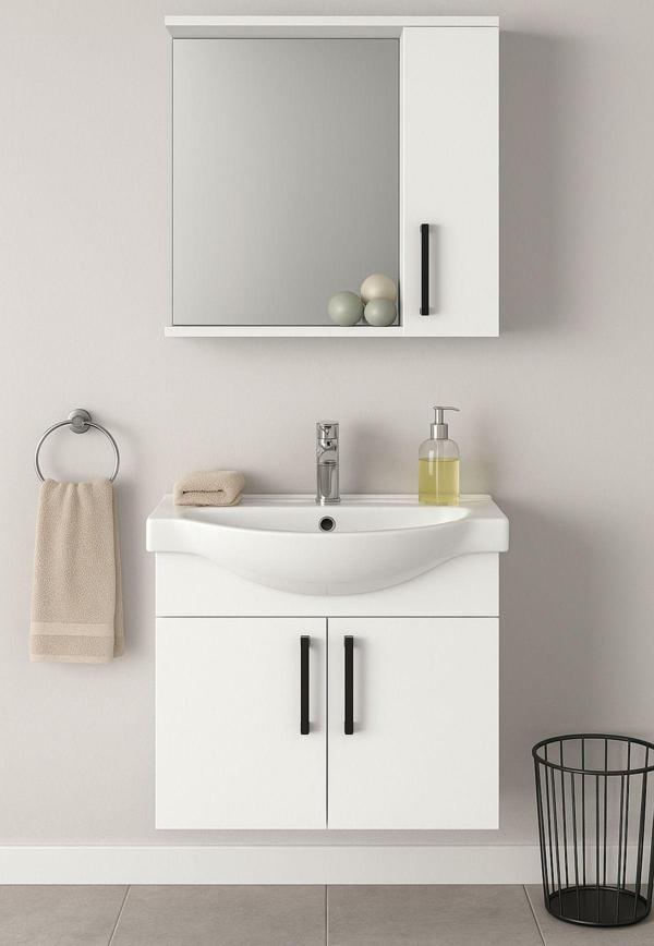 Tasarım Lacrime 65 Cm Beyaz Renkli Mdf, Oval Seramik Lavabolu, Alt Ve Üst Dolaplı, Banyo Dolabı Takımı - Image 1