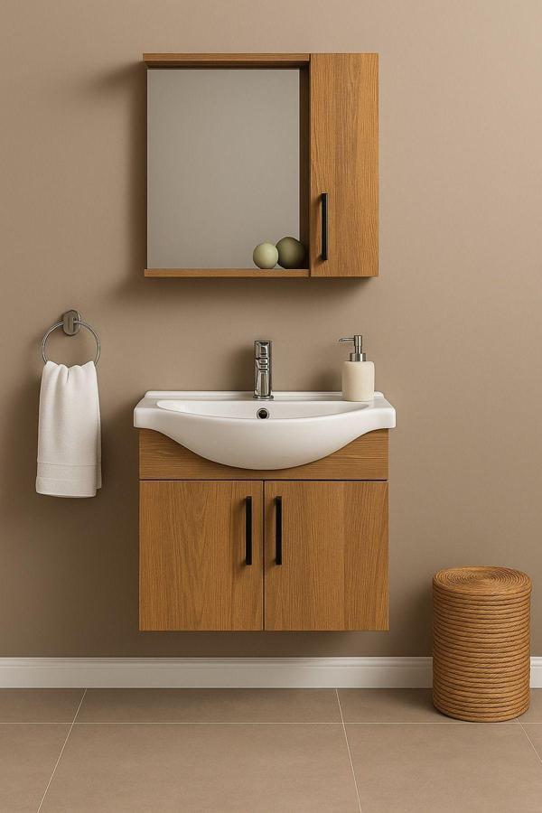 Tasarım Lacrime 65 Cm Ahşap Mdf, Oval Seramik Lavabolu, Alt Ve Üst Dolaplı, Banyo Dolabı Takımı - Image 1