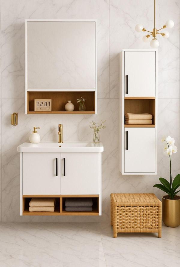 Tasarım Legna 65 Cm Beyaz-Ahşap Renkli Mdf, Seramik Lavabolu Alt - Üst Ve Boy Dolaplı Banyo Dolabı Seti - Image 1