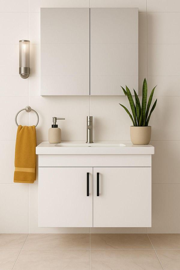 Tasarım Liventa 65 Cm Beyaz Renkli, Seramik Lavabolu, Mdf Banyo Dolabı Takımı - Image 1