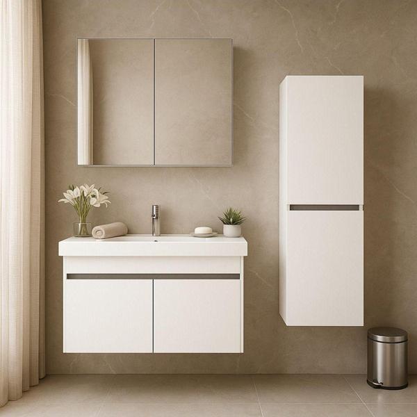Tasarım Arista 80Cm Beyaz Renkli Mdf, Seramik Lavabolu, Alt - Üst Ve Boy Dolaplı, Banyo Dolabı Seti - Image 1