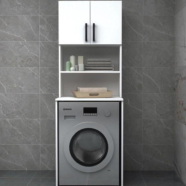 Tasarım Çamaşır Makinesi Dolabı, Çok Amaçlı Dolabı, Raflı Kapaklı Beyaz Renkli Mdf Lam - Image 1