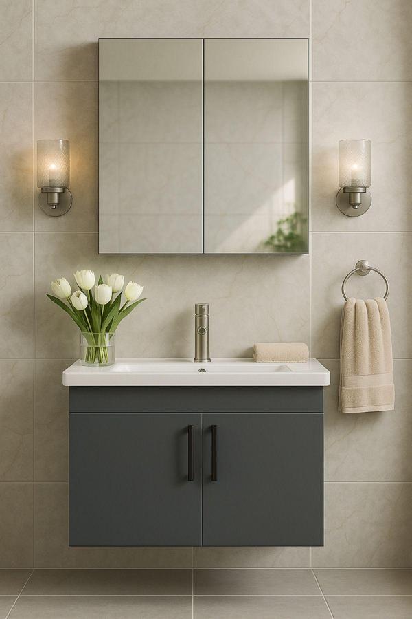 Tasarım Liventa 65 Cm Antrasit Renkli, Seramik Lavabolu, Mdf Banyo Dolabı Takımı - Image 1