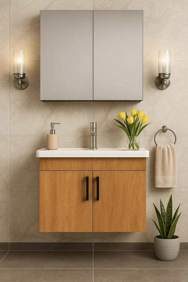 Tasarım Liventa 65 Cm Ahşap Renkli, Seramik Lavabolu, Mdf Banyo Dolabı Takımı - Image 1