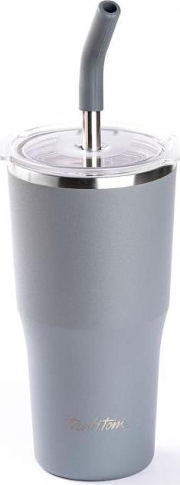 Tantitoni GRİ 2 KAPAKLI ÇİFT KATMANLI PİPETLİ TERMOS BARDAK 530ML - Image 1