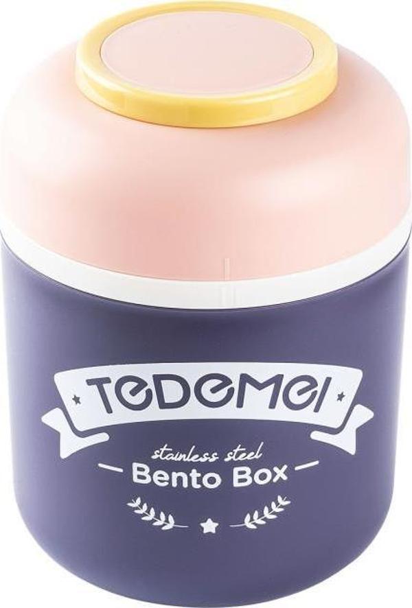 TEDEMEI PEMBE PASLANMAZ ÇELİK YUVARLAK KAŞIKLI YEMEK TAŞIMA KABI 780ML - Image 1