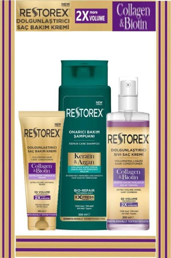 Restorex Keratin&Argan Şampuan 500 Ml&Collagen&Biotin Dolgunlaştırıcı 3'Lü Saç Bakım Seti - Image 1