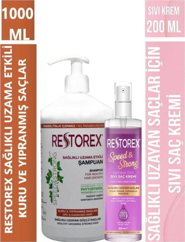 Restorex Speed Strong Sıvı Saç Kremi 200 Ml+Kuru Ve Yıpranmış Saçlar Için Şampuan 1000 Ml - Image 1