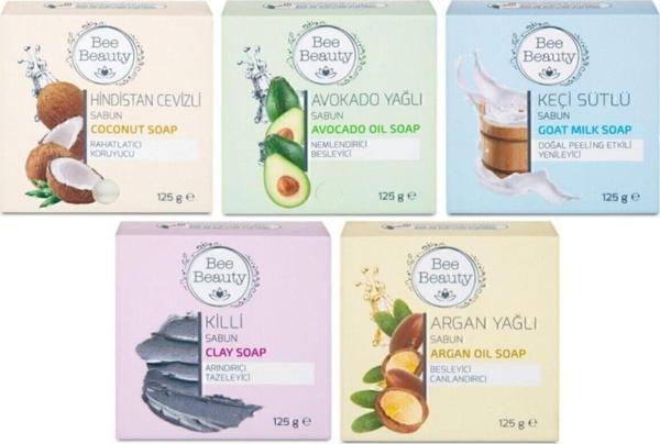 Bee Beauty Hindistan Cevizli + Avokado Yağlı + Keçi Sütlü + Killi + Argan Yağlı Katı Sabun(5'Li Set) - Image 1