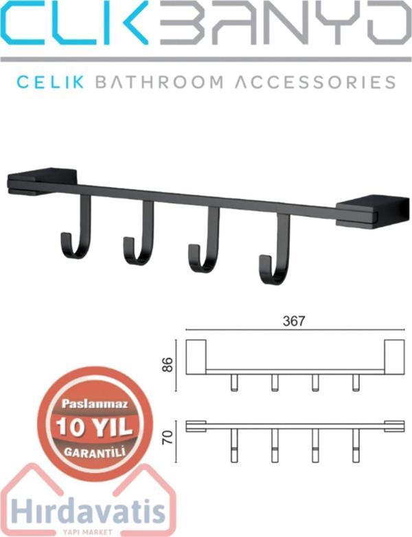 Çelik Banyo Havlu Askısı Paslanmaz Pirinç Titanik 4'Lü Askılık Mat Siyah - Image 1