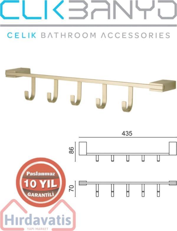 Çelik Banyo Havlu Askısı Paslanmaz Pirinç Titanik 5'Li Askılık Altın Gold - Image 1