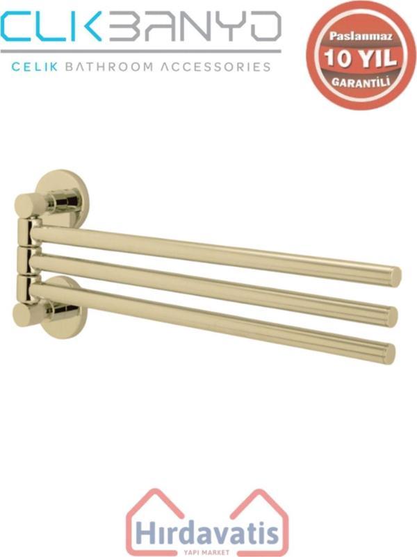 Çelik Banyo Paslanmaz Pirinç Flora Üçlü Döner Havluluk Altın Sarı Gold - Image 1