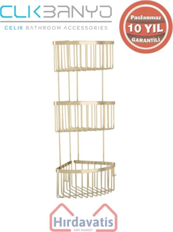 Çelik Banyo Paslanmaz Pirinç Üçlü Derin Süngerlik 19X19 Sabunluk Ve Şampuanlık Altın Sarı Gold - Image 1