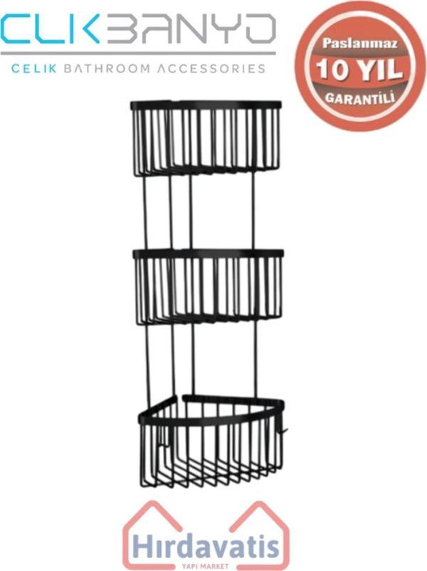 Çelik Banyo Paslanmaz Pirinç Üçlü Derin Süngerlik 19X19 Sabunluk Ve Şampuanlık Mat Siyah - Image 1