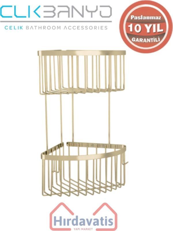 Çelik Banyo Paslanmaz Pirinç İkili Derin Süngerlik 19X19 Sabunluk Ve Şampuanlık Altın Sarı Gold - Image 1