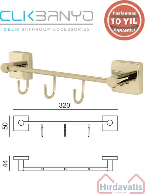 Çelik Banyo Paslanmaz Pirinç Vizyon Kanca 3’Lü Askılık Altın Sarı Gold - Image 1