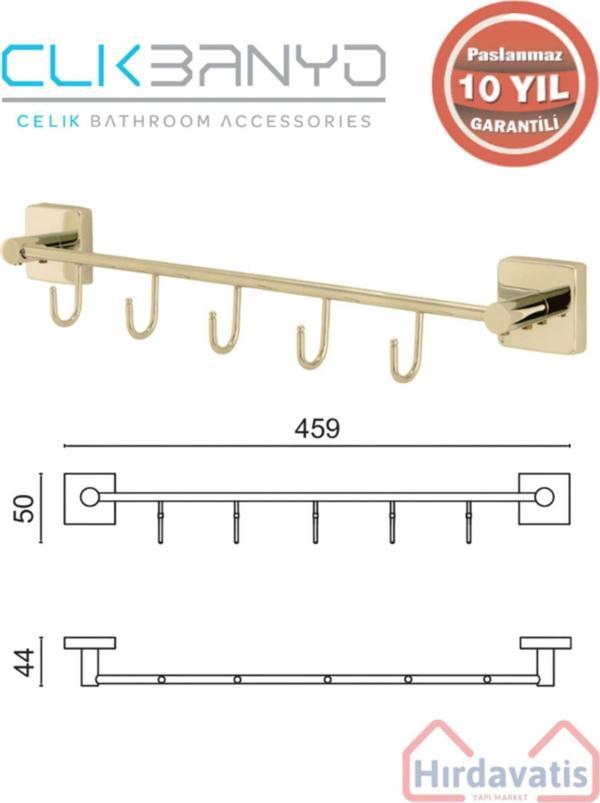 Çelik Banyo Paslanmaz Pirinç Vizyon Kanca 5’Li Askılık Altın Sarı Gold - Image 1