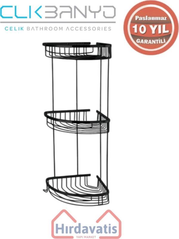 Çelik Banyo Paslanmaz Pirinç Destina Krom Üçlü 19X19Cm Sabunluk Şampuanlık Ve Köşe Süngerlik Mat Siyah - Image 1