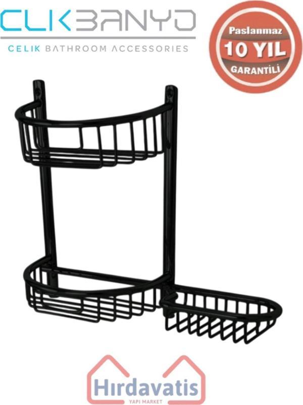 Çelik Banyo Paslanmaz Pirinç Yuvarlak Set Șampuanlık 30X11 Sabunluk Ve Köşe Süngerlik Mat Siyah - Image 1
