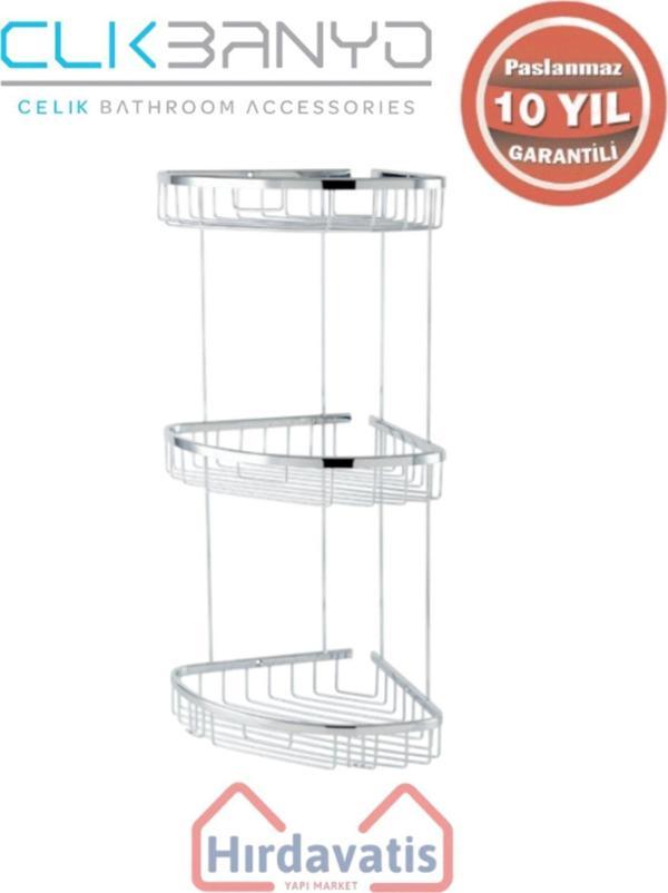 Çelik Banyo Paslanmaz Pirinç Zerrin Üçlü 18X18Cm Sabunluk Şampuanlık Ve Köşe Süngerlik - Image 1