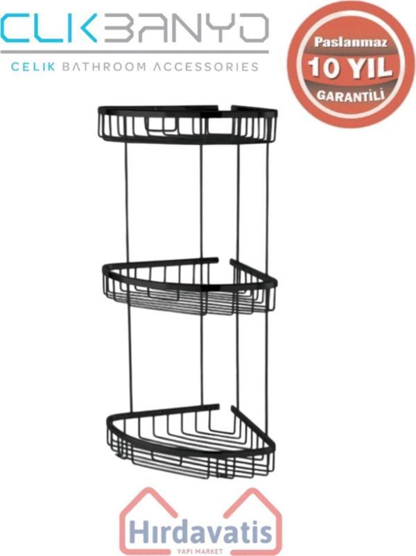 Çelik Banyo Paslanmaz Pirinç Zerrin Üçlü 18X18Cm Sabunluk Şampuanlık Ve Köşe Süngerlik Mat Siyah - Image 1