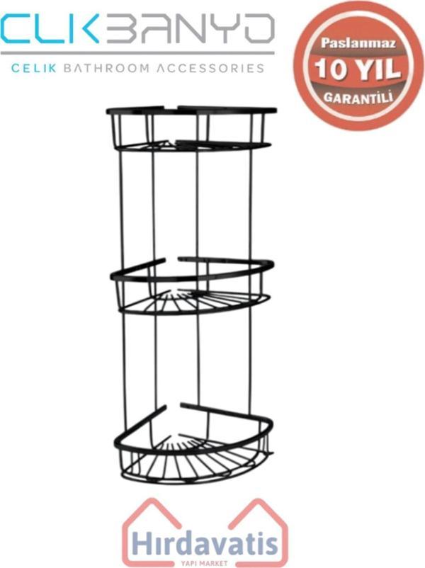 Çelik Banyo Paslanmaz Pirinç Zirve 304 Üçlü Lamalı 19X19Cm Sabunluk Şampuanlık Ve Köşe Süngerlik Mat Siyah - Image 1