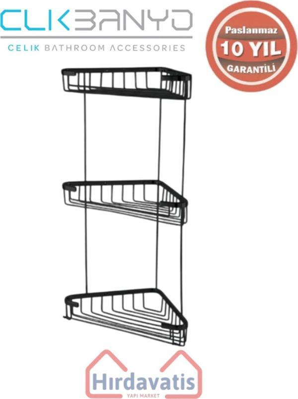 Çelik Banyo Paslanmaz Pirinç Efe Üçlü 18X18Cm Sabunluk Şampuanlık Ve Köşe Süngerlik Mat Siyah - Image 1