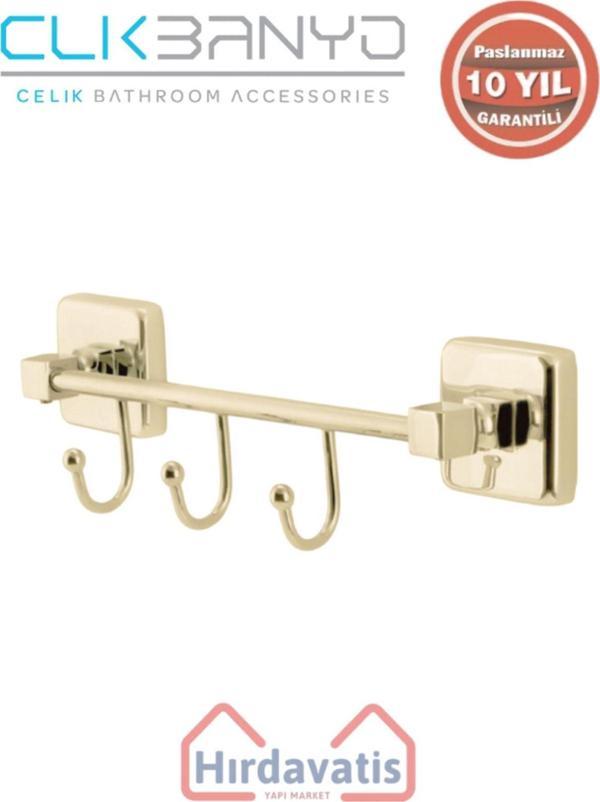Çelik Banyo Paslanmaz Pirinç Kumru Kancalı 3’Lü Askılık Altın Sarı Gold - Image 1