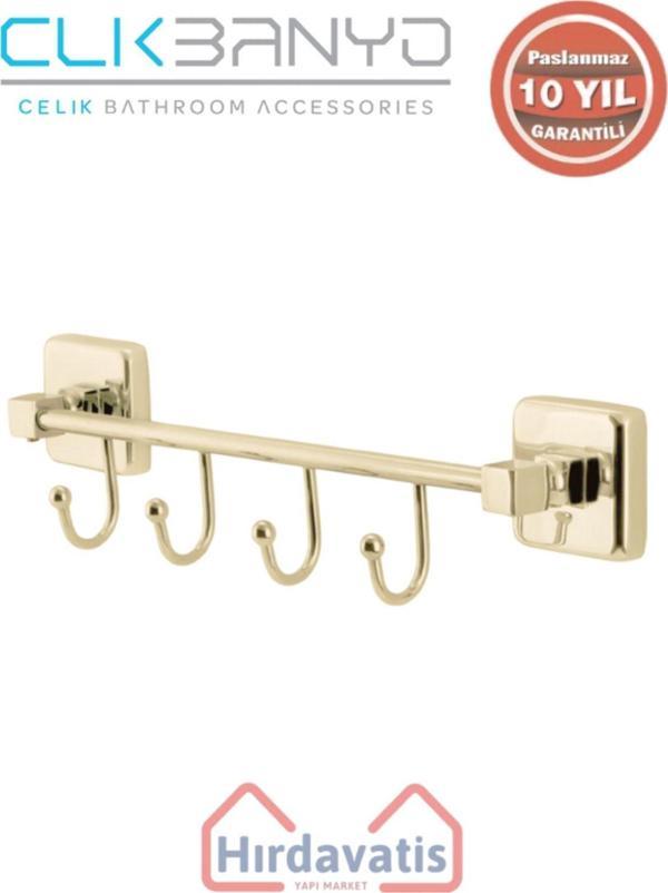 Çelik Banyo Paslanmaz Pirinç Kumru Kancalı 4’Lü Askılık Altın Sarı Gold - Image 1