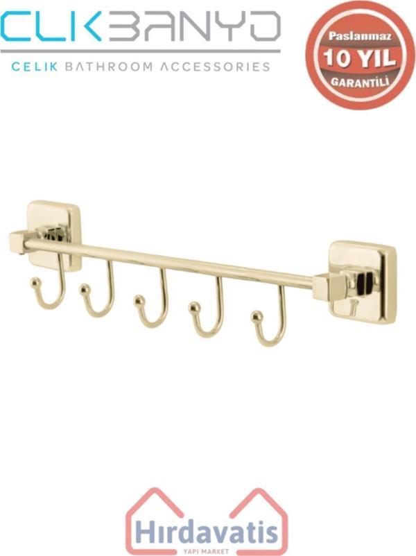Çelik Banyo Paslanmaz Pirinç Kumru Kancalı 5’Li Askılık Altın Sarı Gold - Image 1