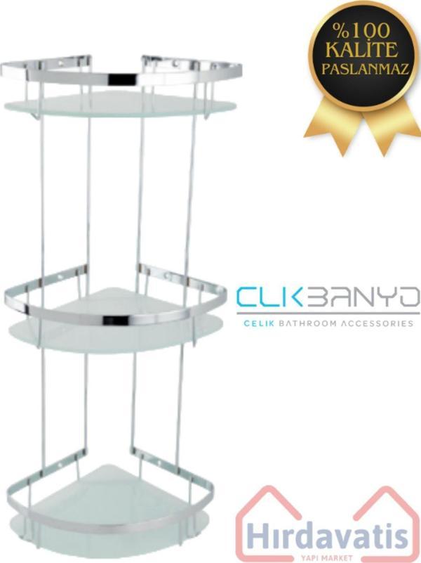 Clk Banyo Çelik Zerrin Camlı 3’Lü 19X19 Cm Şampuanlık Banyo Rafı Süngerlik - Image 1