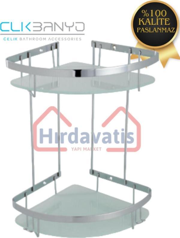 Clk Banyo Paslanmaz Çelik Zerrin Camlı 2’Li 19X19 Cm Şampuanlık Banyo Rafı Süngerlik - Image 1