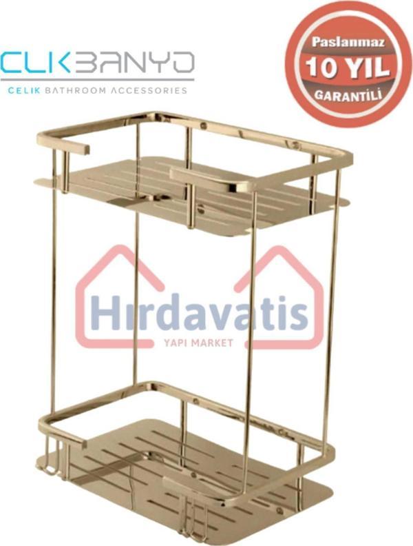 Clk Banyo Paslanmaz Pirinç Altın Gold Lidya 2'Li 15X22 Cm Şampuanlık Banyo Rafı - Image 1