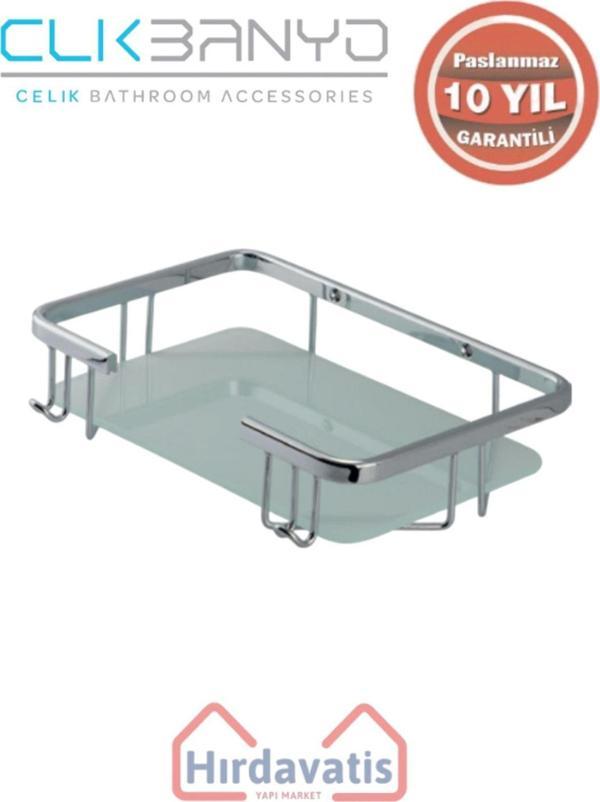 Çelik Banyo Paslanmaz Pirinç Taci Camlı Tekli 22X15Cm Sabunluk Şampuanlık Ve Köşe Süngerlik - Image 1