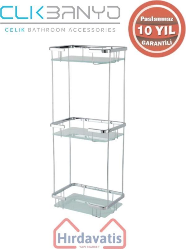 Çelik Banyo Paslanmaz Pirinç Taci Camlı Üçlü 22X15Cm Sabunluk Şampuanlık Ve Köşe Süngerlik - Image 1