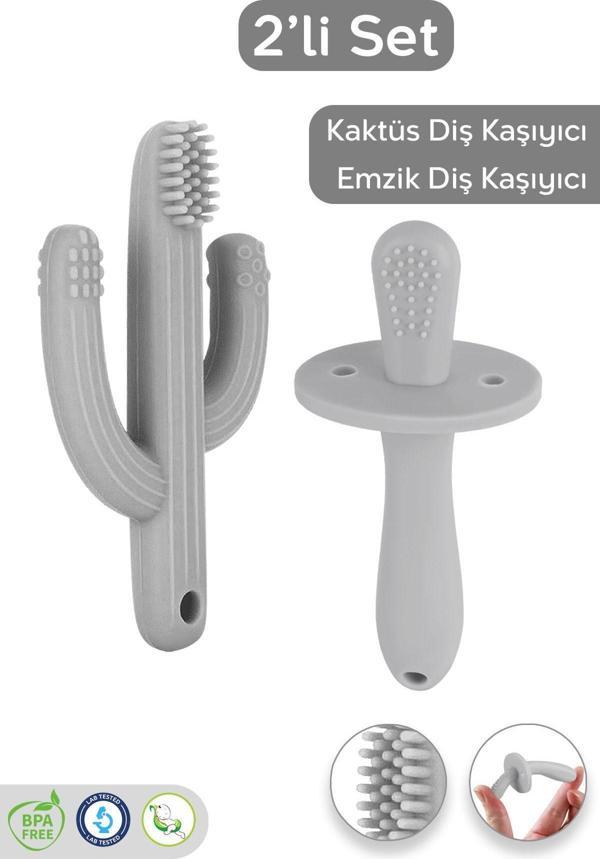 Meleni Baby 2'Li Bebek Diş Kaşıyıcı Seti - Silikon Diş Kaşıma Emziği, Kaktüs Silikon Diş Kaşıyıcı - Gri - Image 1
