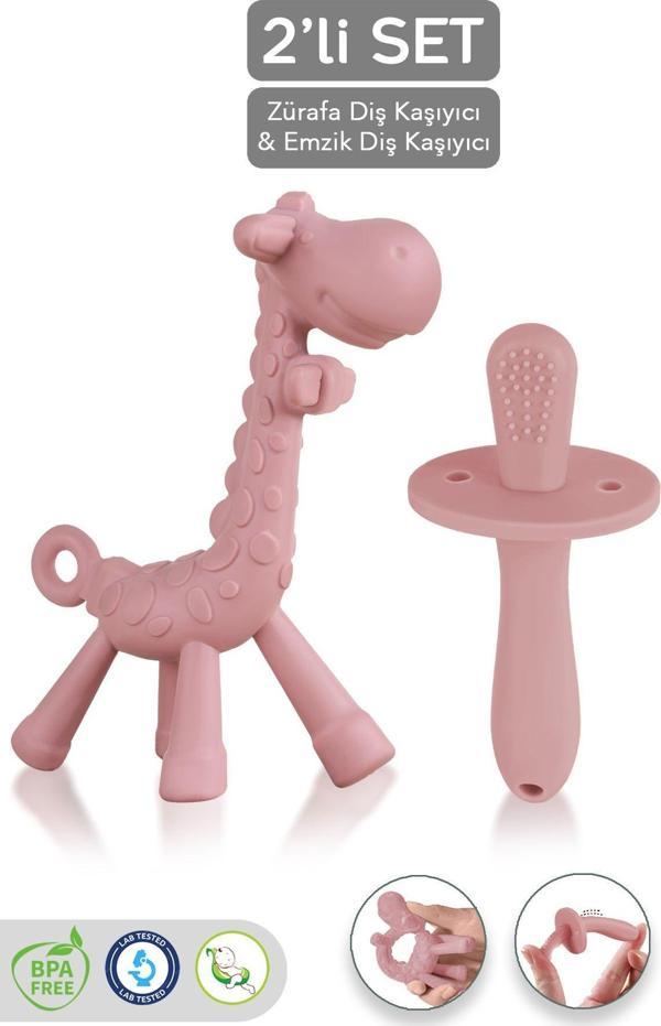 Meleni Baby 2'Li Bebek Diş Kaşıyıcı Seti - Silikon Diş Kaşıma Emziği Silikon Zürafa Oyuncak Dişlik Pembe - Image 1