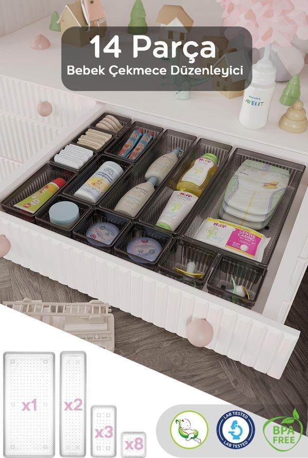 Meleni Baby 14 Parça Bebek Çekmece Düzenleyici - Bebek Organizer - Bebek Bakım Organizer - Antrasit - Image 1