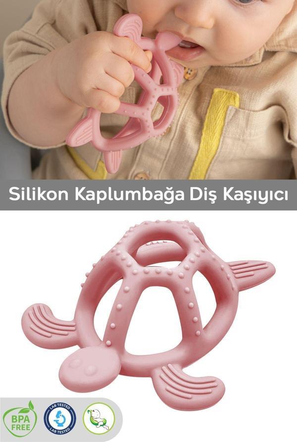 Meleni Baby Kaplumbağa Figürlü Bebek Dişlik - Diş Kaşıyıcı Bebek Dişliği - Pembe - Image 1