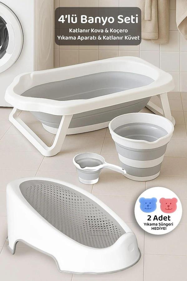 Meleni Baby 4'Lü Katlanır Banyo Seti - Bebek Küveti, Fileli Yıkama Aparatı, Su Kovası, Maşrapa Sünger Hediye Gri - Image 1