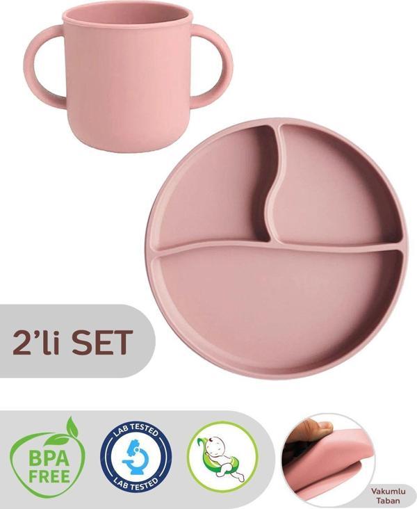 Meleni Baby 2'Li Silikon Bebek Beslenme Seti - Vakumlu Tabak, Çift Kulp Kupa Bardak - Pembe - Image 1