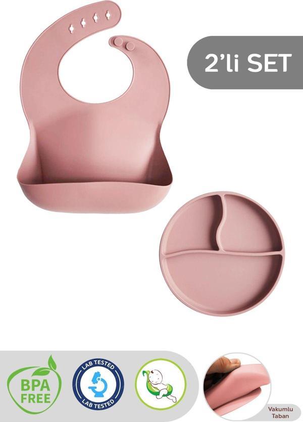 Meleni Baby 2'Li Silikon Bebek Beslenme Seti - Vakumlu Tabak, Ayarlanabilir Silikon Mama Önlüğü, Pembe - Image 1
