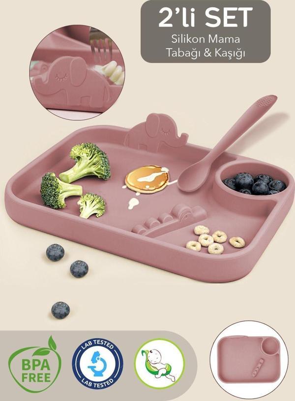 Meleni Baby 2'Li Silikon Beslenme Seti - 3 Bölmeli Silikon Beslenme Tabağı, Silikon Diş Kaşıyıcı Kaşık - Pembe - Image 1